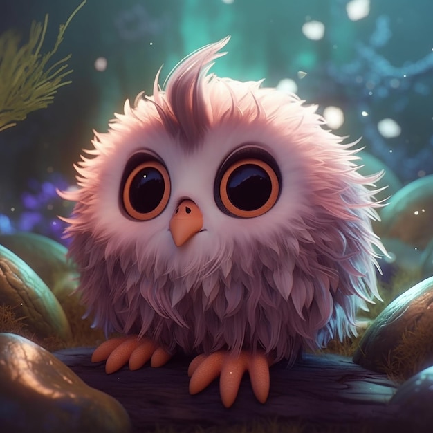 An owl with big eyes sits on a log in a forest