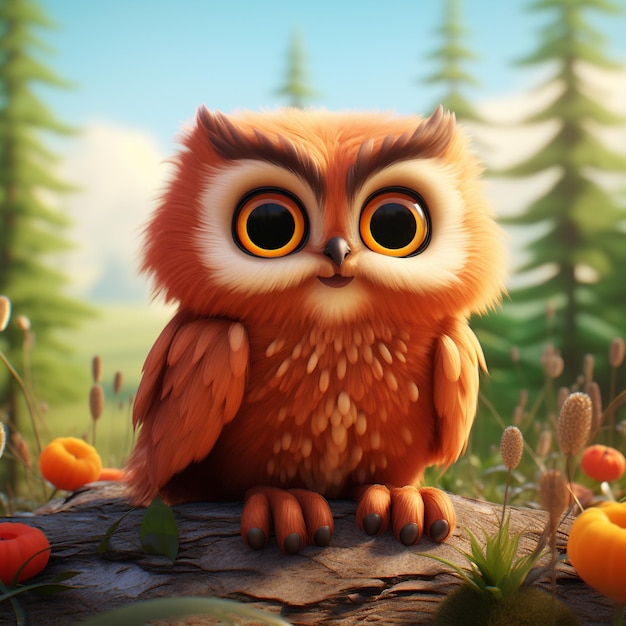 Photo a owl with big eyes sits on a log in a forest