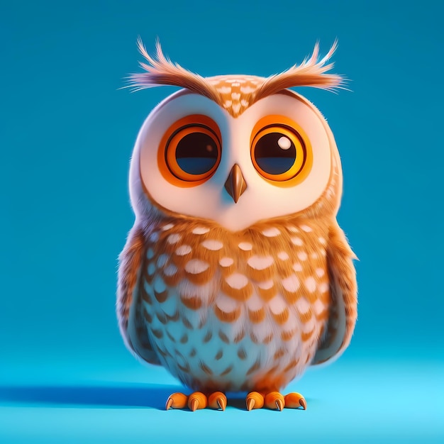 a owl with big eyes and yellow eyes is standing on a blue background