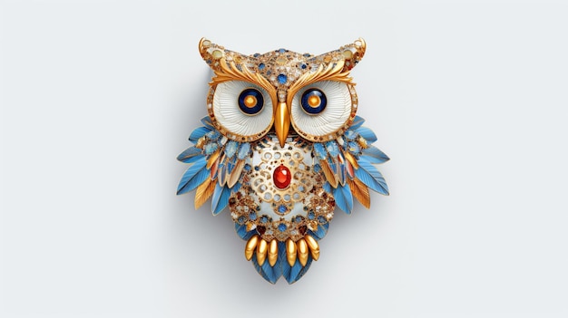 An owl with blue and gold feathers and gold eyes