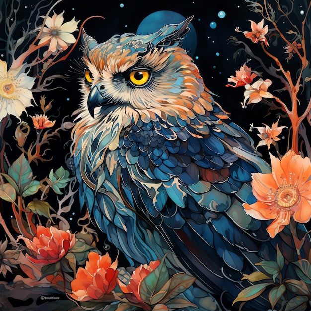 an owl with a blue head and a flower in the background