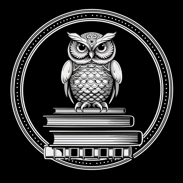 Photo owl with books on a black background monochrome vector illustration