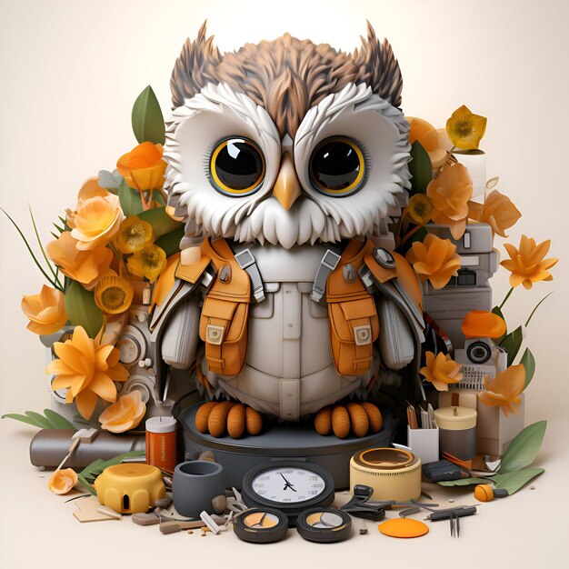 Photo owl with a camera a backpack a compass and a bouquet of flowers