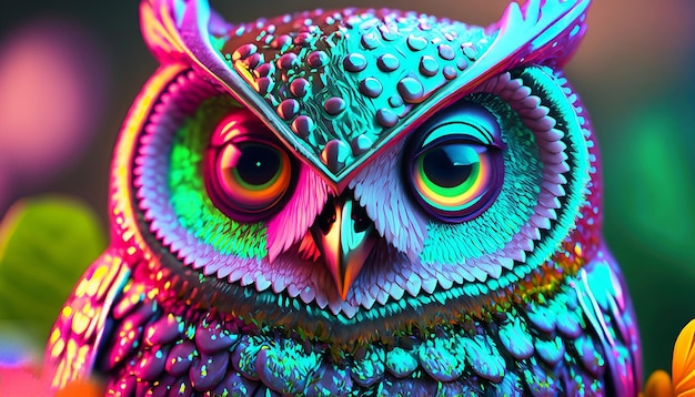 An owl with colorful eyes and a black and green eye