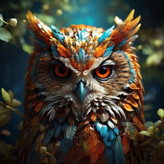 an owl with colorful feathers and a blue and orange head