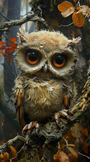 an owl with a crown on its head sits on a branch