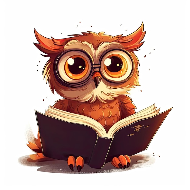 An owl with glasses reading a book with a black book in front of it.