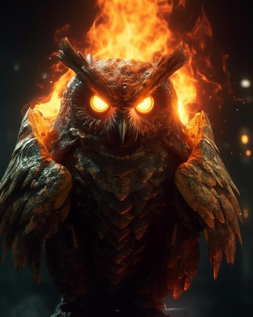 Owl with golden eyes and fire digital art