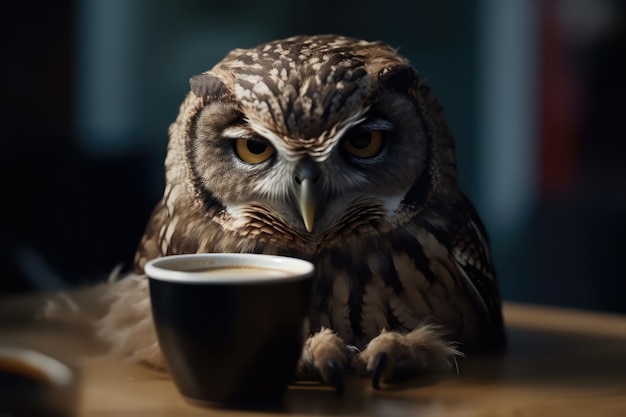 An Owl With Halfclosed Eyes Holding An Americano Generative AI