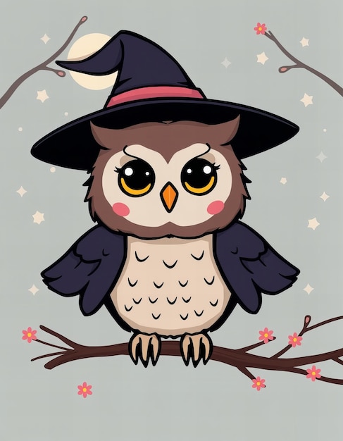 an owl with a hat on sits on a branch with flowers