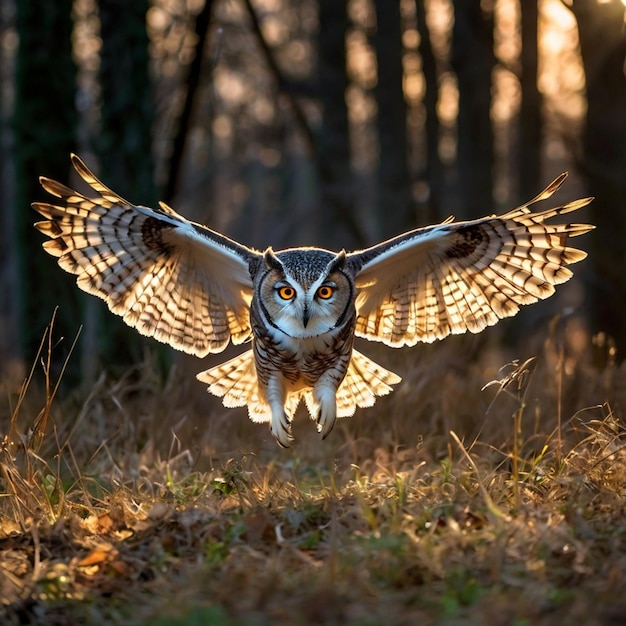 a owl with a large owl on its wings is in the woods