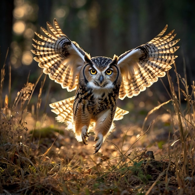 an owl with a large tail is flying in the air