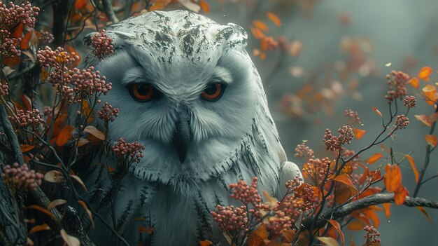 an owl with orange eyes and a black background with a dark background