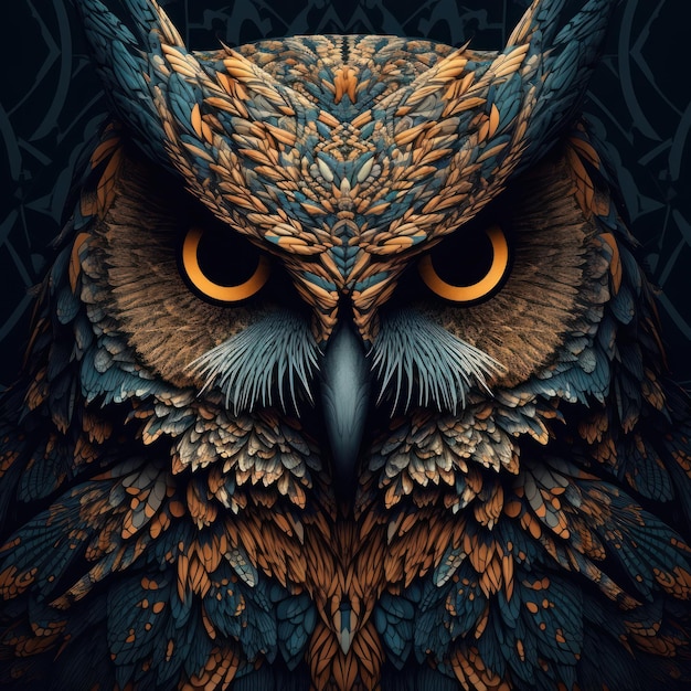 An owl with orange eyes and a black background