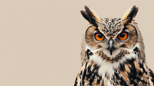 Photo a owl with orange eyes and a black beak with a white stripe