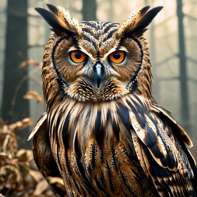 Photo a owl with orange eyes and a black and white pattern on its face