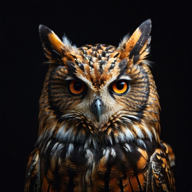 a owl with orange eyes and brown ears is shown