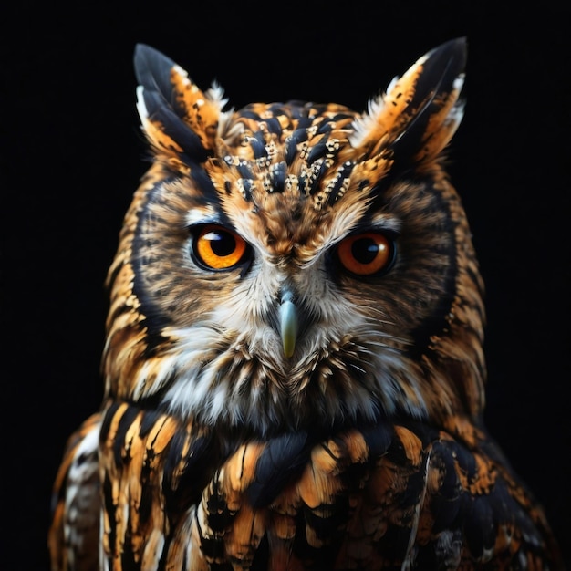 a owl with orange eyes and brown eyes is shown