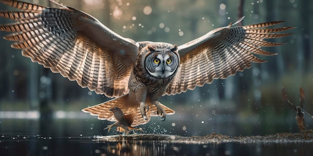 An owl with outstretched wings catches a trout