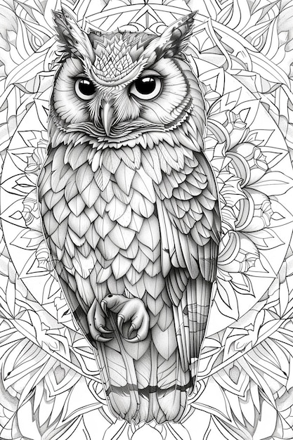 Photo an owl with a pattern of feathers on a black and white background