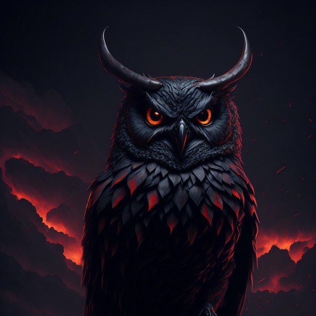 An owl with red eyes and orange eyes is sitting in the dark with the words fire on the front