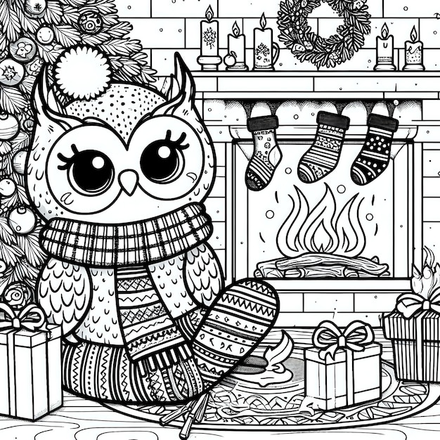 Photo an owl with a scarf on its head sits in front of a fireplace