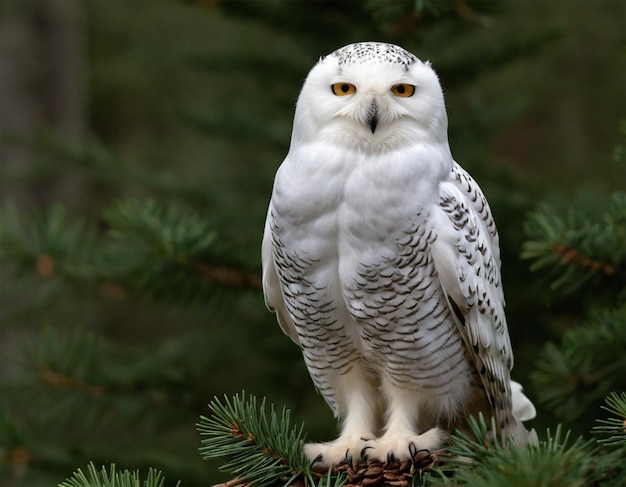 an owl with a white owl on its chest sits on a branch