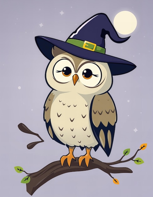 an owl with a witch hat on a tree with a purple background