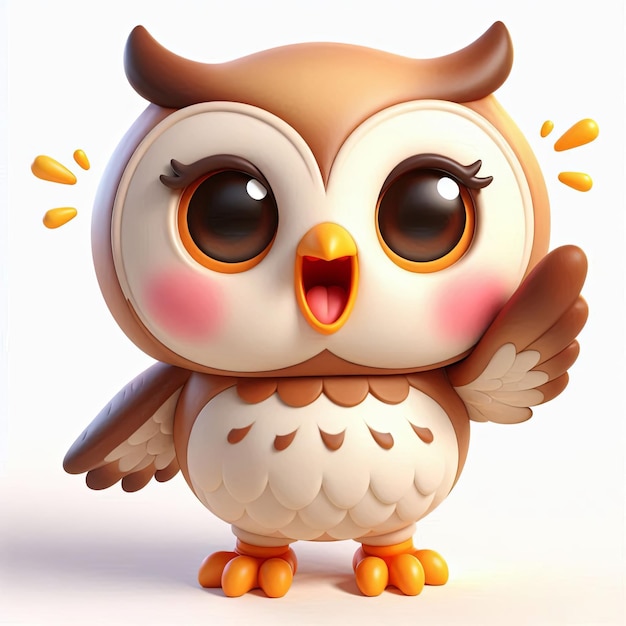 an owl with a yellow beak and a white background