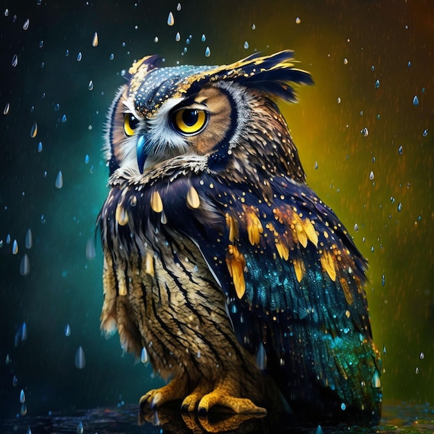 An owl with yellow and blue feathers and yellow feathers is standing in the rain.