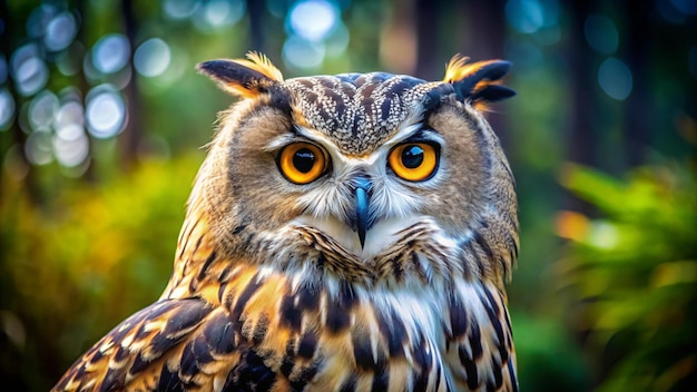 a owl with yellow eyes and a brown beak with yellow eyes