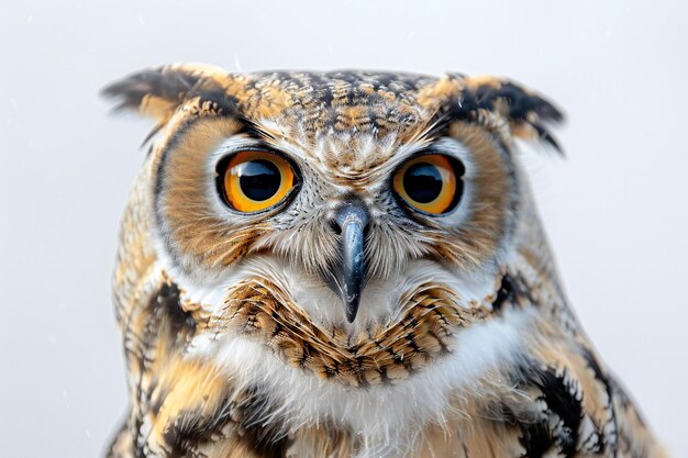 Photo an owl with yellow eyes and brown eyes is shown