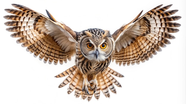 an owl with yellow eyes and a brown tail