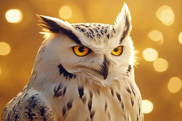 an owl with yellow eyes and a gold background