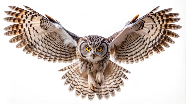 Photo a owl with yellow eyes is flying in the air