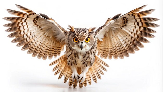 Photo a owl with yellow eyes is flying in the air