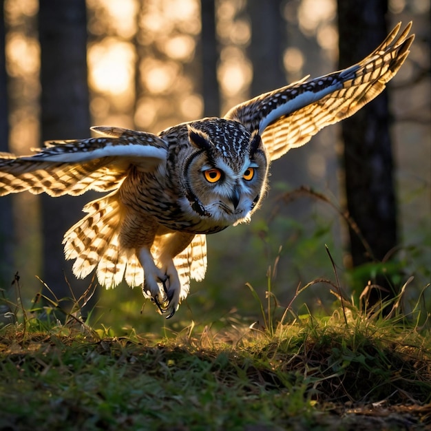 a owl with yellow eyes is flying through the woods