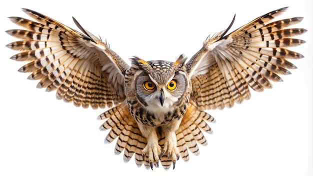 a owl with yellow eyes is looking at the camera