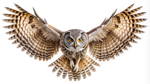 a owl with yellow eyes is looking up with an owl on its wings