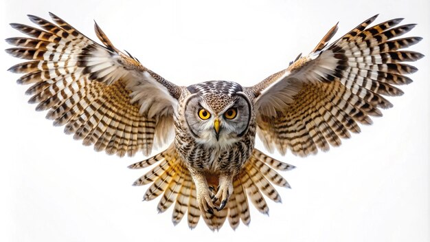 Photo a owl with yellow eyes is looking up with a white background