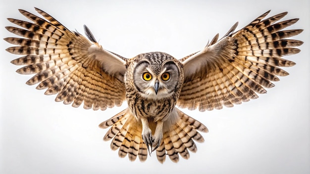 Photo a owl with yellow eyes is shown in the picture