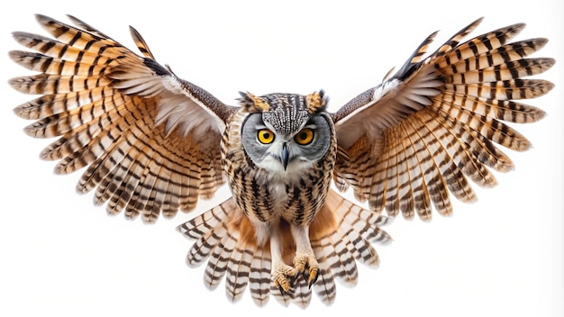 Photo a owl with yellow eyes is shown with a white background