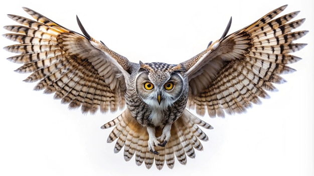 Photo an owl with yellow eyes is shown with the wings spread out