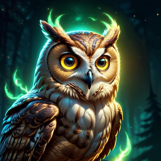 Photo an owl with yellow eyes is standing in a forest