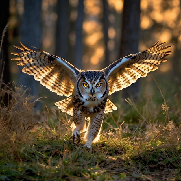 an owl with yellow eyes is standing in the grass