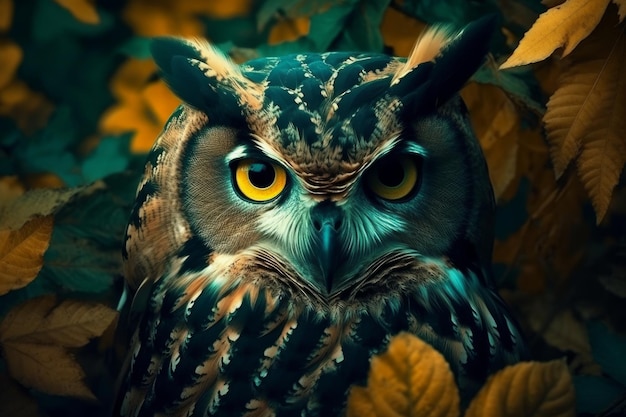 An owl with yellow eyes sits among leaves.