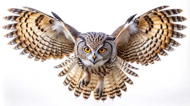 Photo a owl with yellow eyes and a white background with a white background