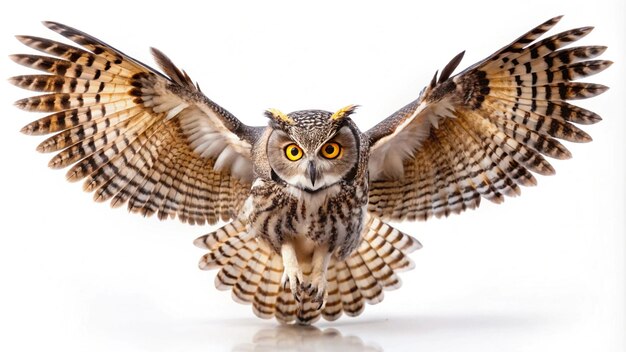 Photo a owl with yellow eyes and a white background with a white background