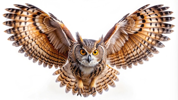 Photo a owl with yellow eyes and a white background with a white background