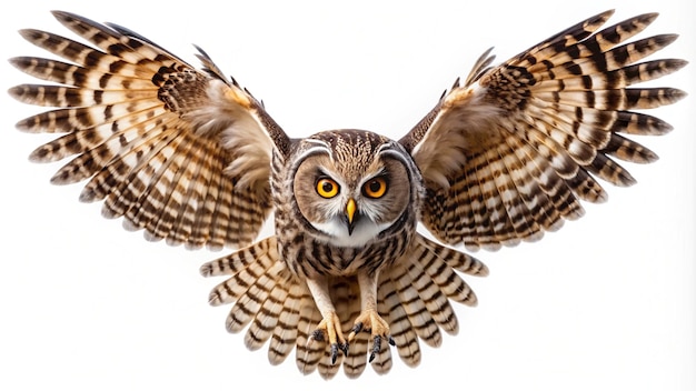 Photo a owl with yellow eyes and a white background